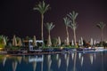 Night view to the swimming pool and palm trees on the beach near the red sea in Sharm El Sheikh, Egypt Royalty Free Stock Photo