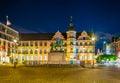 Night view of town hall in Dusseldorf and statue of an Wellem, Germany