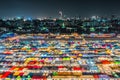 Night view of the Train Night Market Ratchada, also known as Talad Nud Rod Fai, is a new flea market place at Bangkok, Thailand.