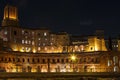 Night view of Trajan`s market, the ruins of commercial buildings in the forum of Trajan in Rome