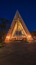 Night view of Tromsdalen Church or the Arctic Cathedral in Tromso, Norway