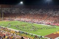 Night view of USC marching band in the football field