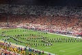 Night view of USC marching band in the football field