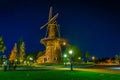 Night view of windmill de Valk in Leiden, Netherlands