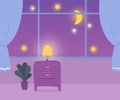 Night view from window with moon and stars in evening or night sky, living room interior Royalty Free Stock Photo