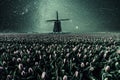 Night Vintage Field of Tulips and Windmill Royalty Free Stock Photo