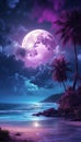 Night Violet A Natural Sky Symphony with a Round Moon Over the Jungle, Blue Night Clouds, Beach Royalty Free Stock Photo