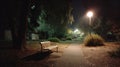 Night vision medium shot of a quiet urban park scene under lowlight emphasizing subtle movements and shadowy outlines of Royalty Free Stock Photo