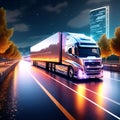 Night Voyager: Autonomic Futuristic Euro Semi-Truck with Cargo Trailer Gliding on the Road (3D Render