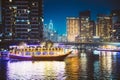 Night Walk On Tourist Boat, Sightseeing Boat Sailing On Dubai Marina. Night View Of Dubai Marina Is District in Dubai Royalty Free Stock Photo