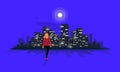 Night Walk with Woman and Night City Urban Lanscape Skyline Moon