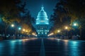 During night, Washington DC Capitol Hill dome building is illuminated.