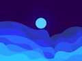 Night wavy landscape with the moon in a minimalist style. Desert landscape with a blue outline. Design for printing banners,