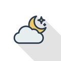 Night weather, cloud and moon thin line flat color icon. Linear vector symbol. Colorful long shadow design.