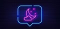 Night weather line icon. Moon with cloud sign. Neon light speech bubble. Vector