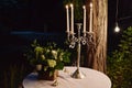 Night wedding decoration with candles and flowers on table, bulb lights on tree outdoors. Royalty Free Stock Photo