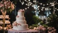 night wedding reception A wedding cake at night with a beautiful party. The cake has four tiers and is decorated with white