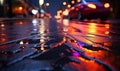 Night wet road made of paving stones. Road, light, rain. background. For banner, postcard, book illustration. Created with Royalty Free Stock Photo