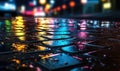 Night wet road made of paving stones. Road, light, rain. background. For banner, postcard, book illustration. Created with Royalty Free Stock Photo