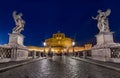 Night wide angle view of Castel Santangelo in Rome. Long exposure City lights
