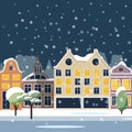 Night winter European city - houses and shops, trees, a Park with lanterns and benches, a snow-covered city. Vector Royalty Free Stock Photo