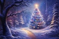 Night winter forest fantasy landscape with a Christmas decorated tree. Festive bokeh lights, dark forest, warm lights Royalty Free Stock Photo