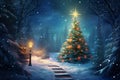 Night winter forest fantasy landscape with a Christmas decorated tree. Festive bokeh lights, dark forest, warm lights Royalty Free Stock Photo