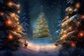 Night winter forest fantasy landscape with a Christmas decorated tree. Festive bokeh lights, dark forest, warm lights Royalty Free Stock Photo