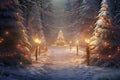 Night winter forest fantasy landscape with a Christmas decorated tree. Festive bokeh lights, dark forest, warm lights Royalty Free Stock Photo