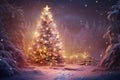 Night winter forest fantasy landscape with a Christmas decorated tree. Festive bokeh lights, dark forest, warm lights Royalty Free Stock Photo