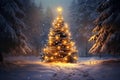 Night winter forest fantasy landscape with a Christmas decorated tree. Festive bokeh lights, dark forest, warm lights Royalty Free Stock Photo