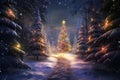 Night winter forest fantasy landscape with a Christmas decorated tree. Festive bokeh lights, dark forest, warm lights Royalty Free Stock Photo