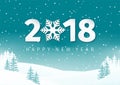 Night winter landscape background with snowy field and fir trees. Happy New Year 2018 text design with snowflake .