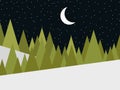 Night winter landscape with fir trees and falling snow. Starry sky and crescent moon. Winter background for Christmas Royalty Free Stock Photo