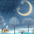 Night winter landscape watercolor illustration Cute house in snow forest Magic crescent starry sky scene Fantasy snowy background Royalty Free Stock Photo