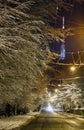 Night winter Lviv street and TV tower, Ukraine Royalty Free Stock Photo