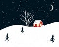 Night winter scene with small red house, trees silhouettes and falling snow. Christmas card design Royalty Free Stock Photo