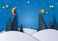 Night winter season landscape with pine tree,moon and stars back