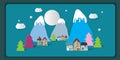 Night winter village houses mountains hills landscape and pine. Banner flat vector illustration