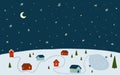 Night winter village landscape background. Cute small Christmas night houses and snowy sky illustration. Royalty Free Stock Photo