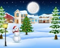 Night winter village landscape with snow covered house, christmas tree and snowman Royalty Free Stock Photo