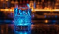 Nightclub bar illuminated cocktail glass reflects blue whiskey flame