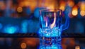 Nightclub bar illuminated cocktail glass reflects blue whiskey flame