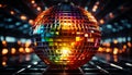 Nightclub disco ball shining, illuminating vibrant dance floor with glowing lights generated by AI