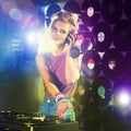 Nightclub, DJ and portrait of woman playing music with headphones and vinyl record on table. Techno, rave and musician Royalty Free Stock Photo