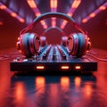 Nightclub energy DJ console lit by spotlights and neon ambiance
