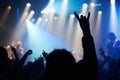 Nightclub, festival and audience with rock or silhouette for music, band and concert with spotlight, dancing or show Royalty Free Stock Photo