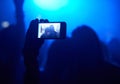 Nightclub, festival and audience with selfie or lights for music, party and rave concert with silhouette and memory Royalty Free Stock Photo