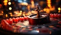 Nightclub gambling spinning roulette wheel, burning candle, glowing casino table generated by AI