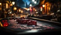 Nightclub gambling table, chips, luck, bar, drink, illuminated city generated by AI